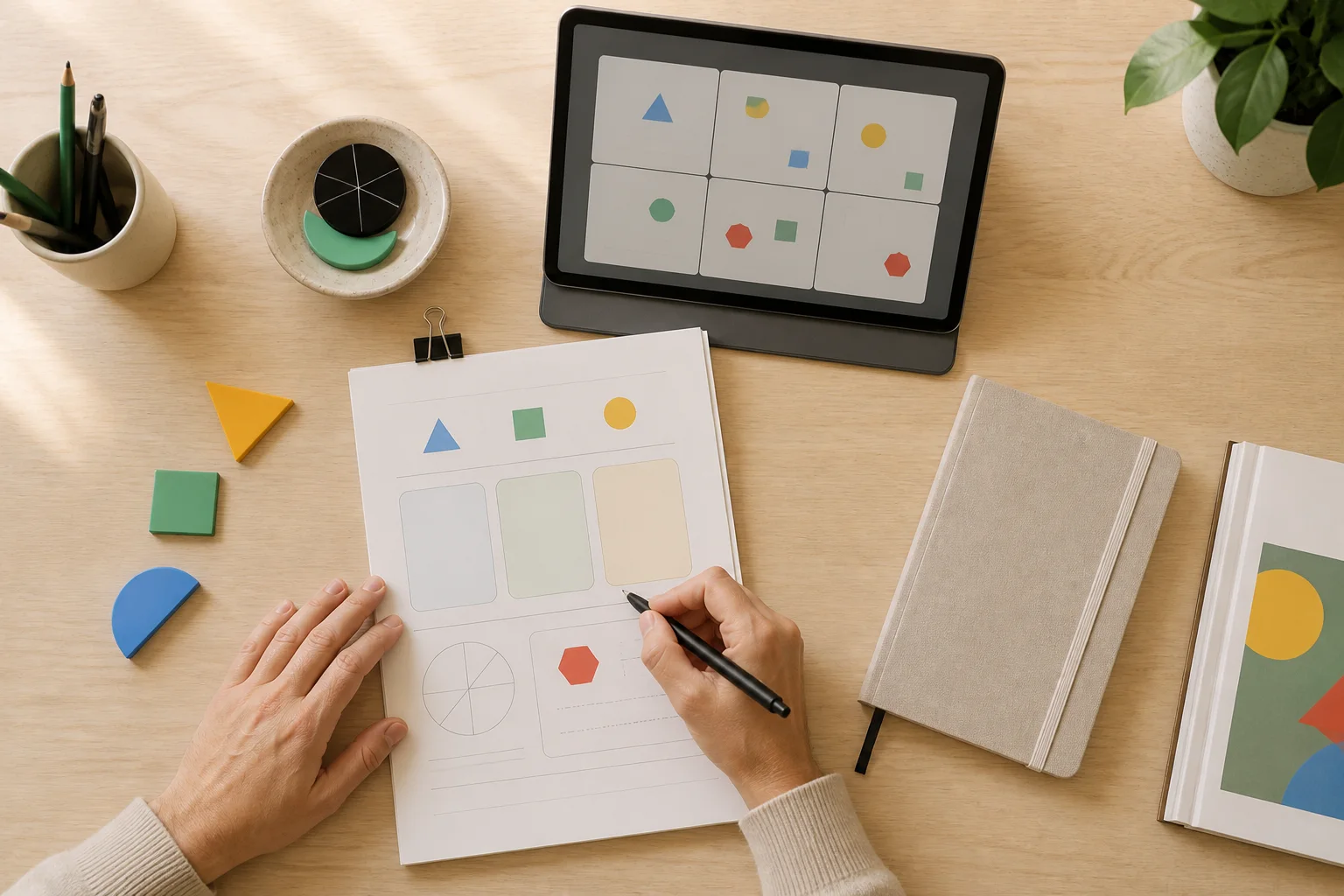 An author sketching course cards on paper, with the cards on a tablet beside them