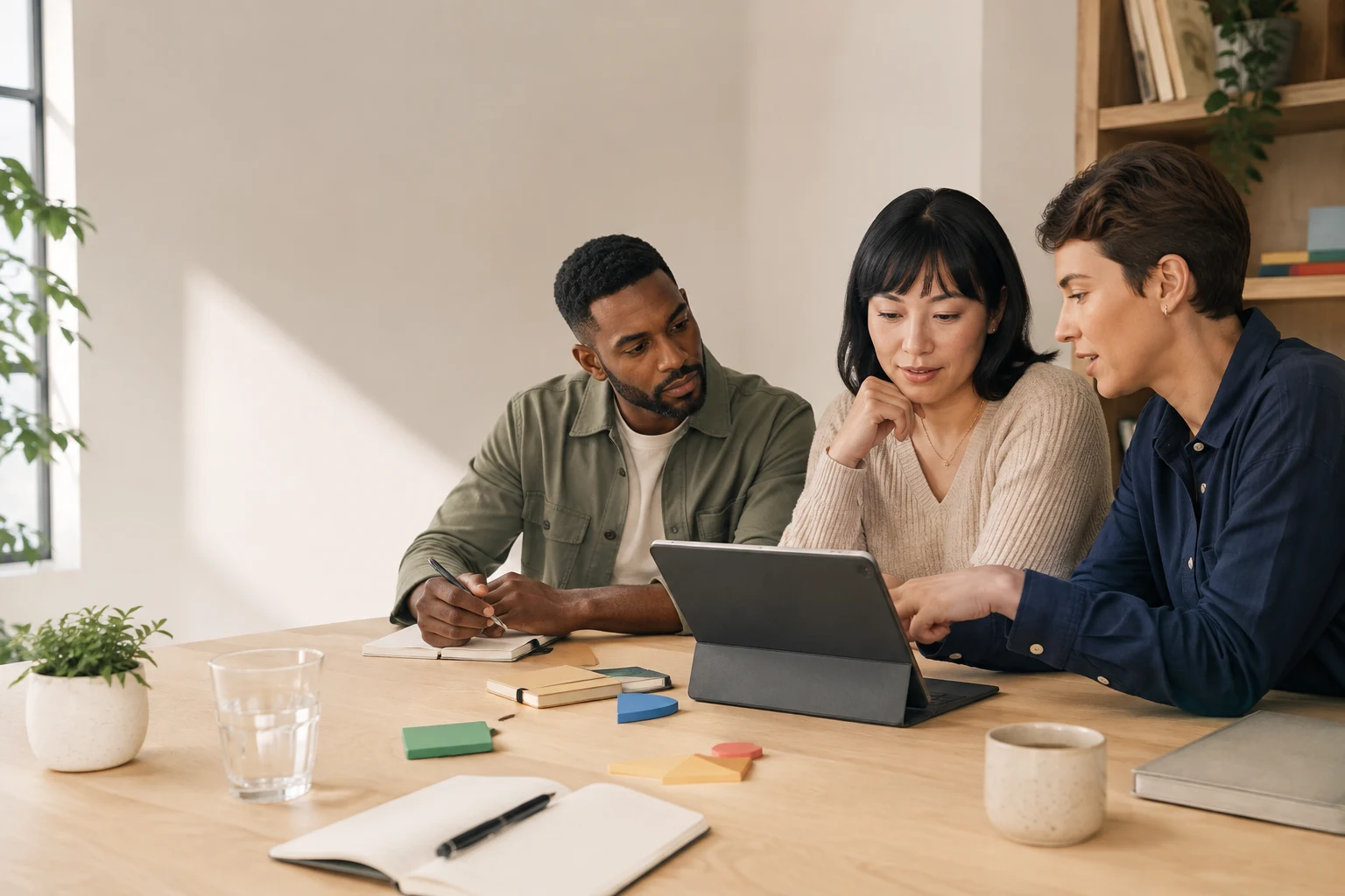 Three colleagues reviewing a course together on a tablet